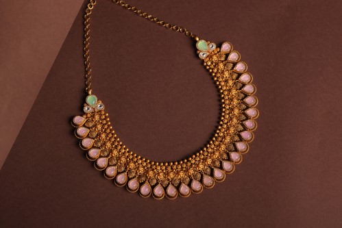 D.A.R ruby emerald sapphire studded gold necklace